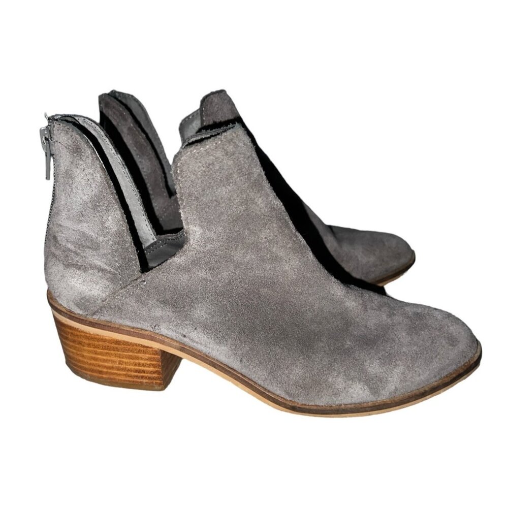 Steve Madden Lancaster Gray Leather Wooden Heel Boots Sz 7 Womens Zip Back